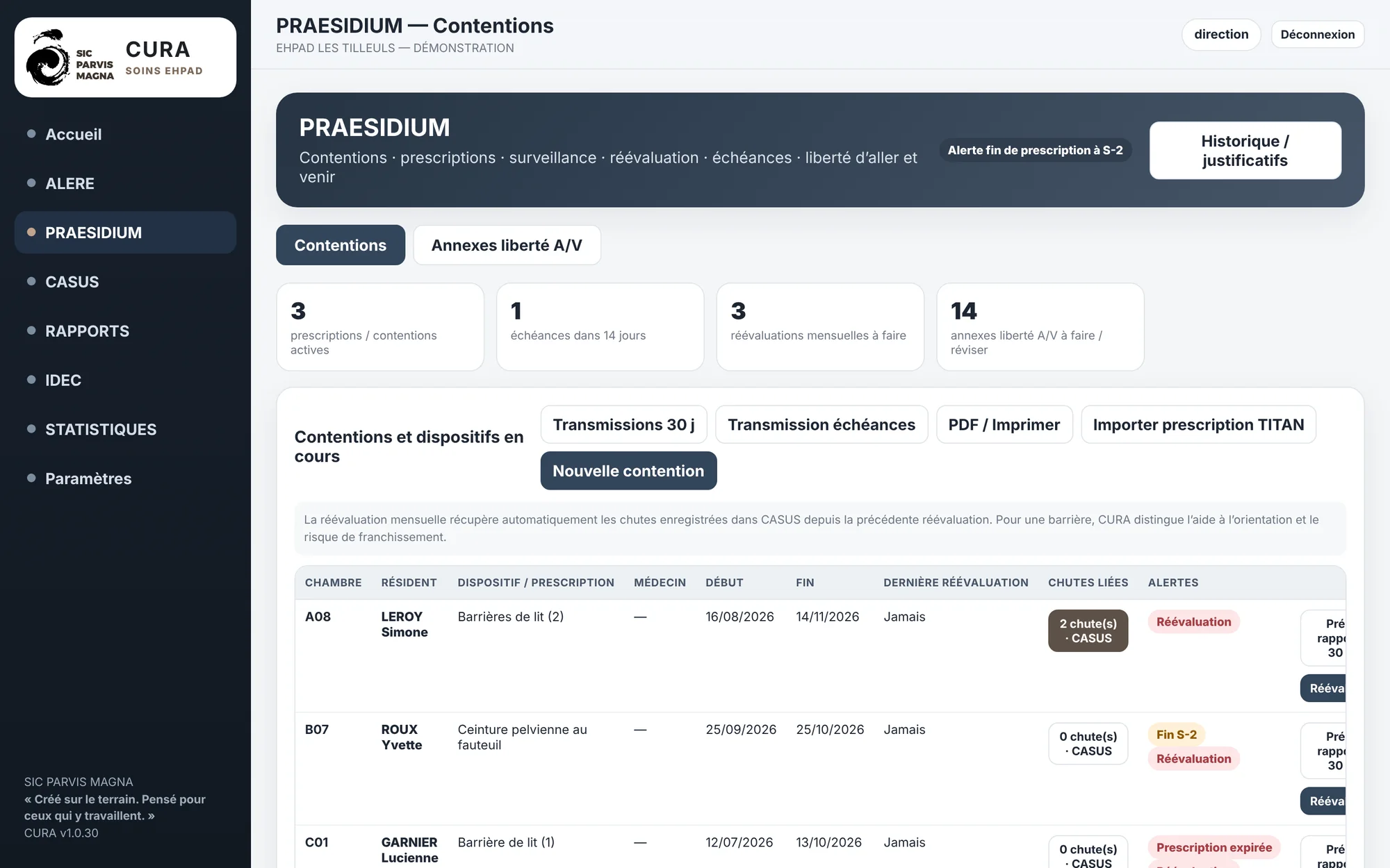 CURA PRAESIDIUM : contentions en cours et alertes