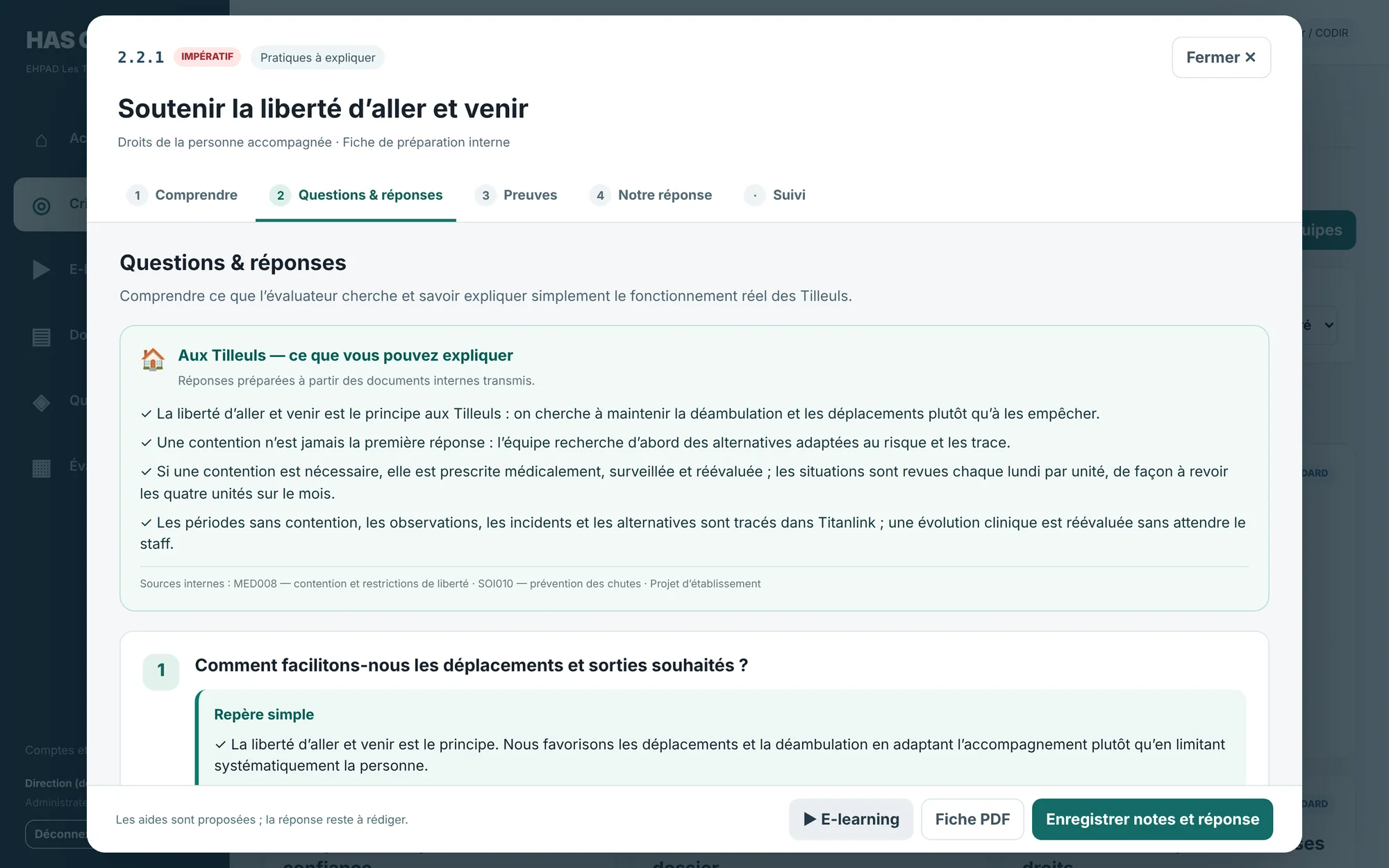 GRAALHAS : onglet questions et réponses préparées pour le critère 2.2.1