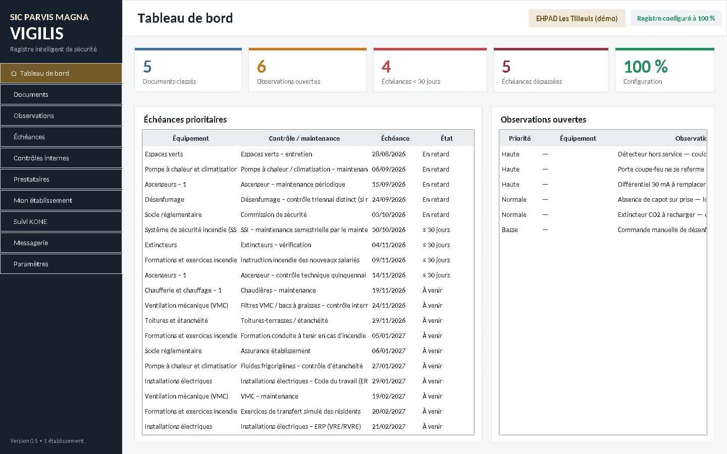 VIGILIS : tableau de bord avec échéances prioritaires et observations ouvertes